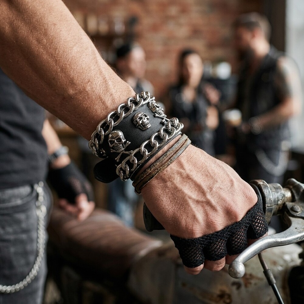 Bracelet Black Leather Stainless Steel Skull And Crossbones Chain